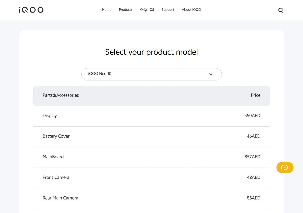 Official spare parts price table showing part names and maximum retail prices for the selected model