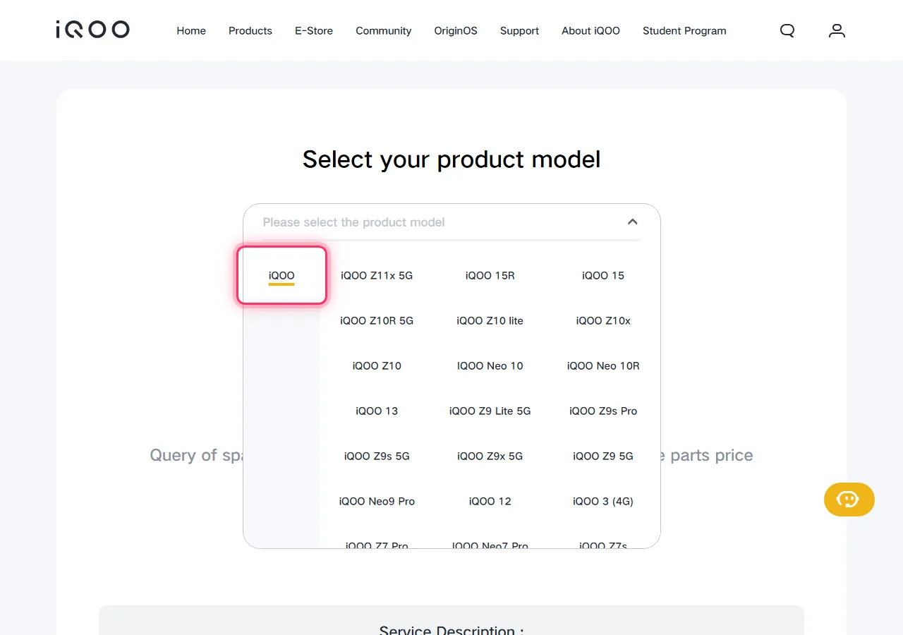 iQOO model picker dropdown open, with the target series highlighted to show where to tap