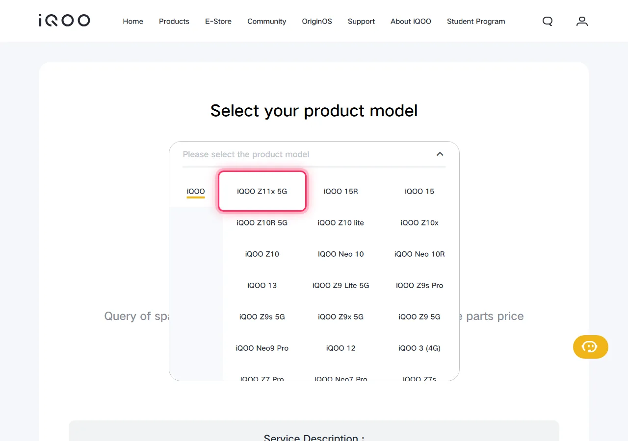 Series selected in the dropdown, with the target model highlighted to show where to tap