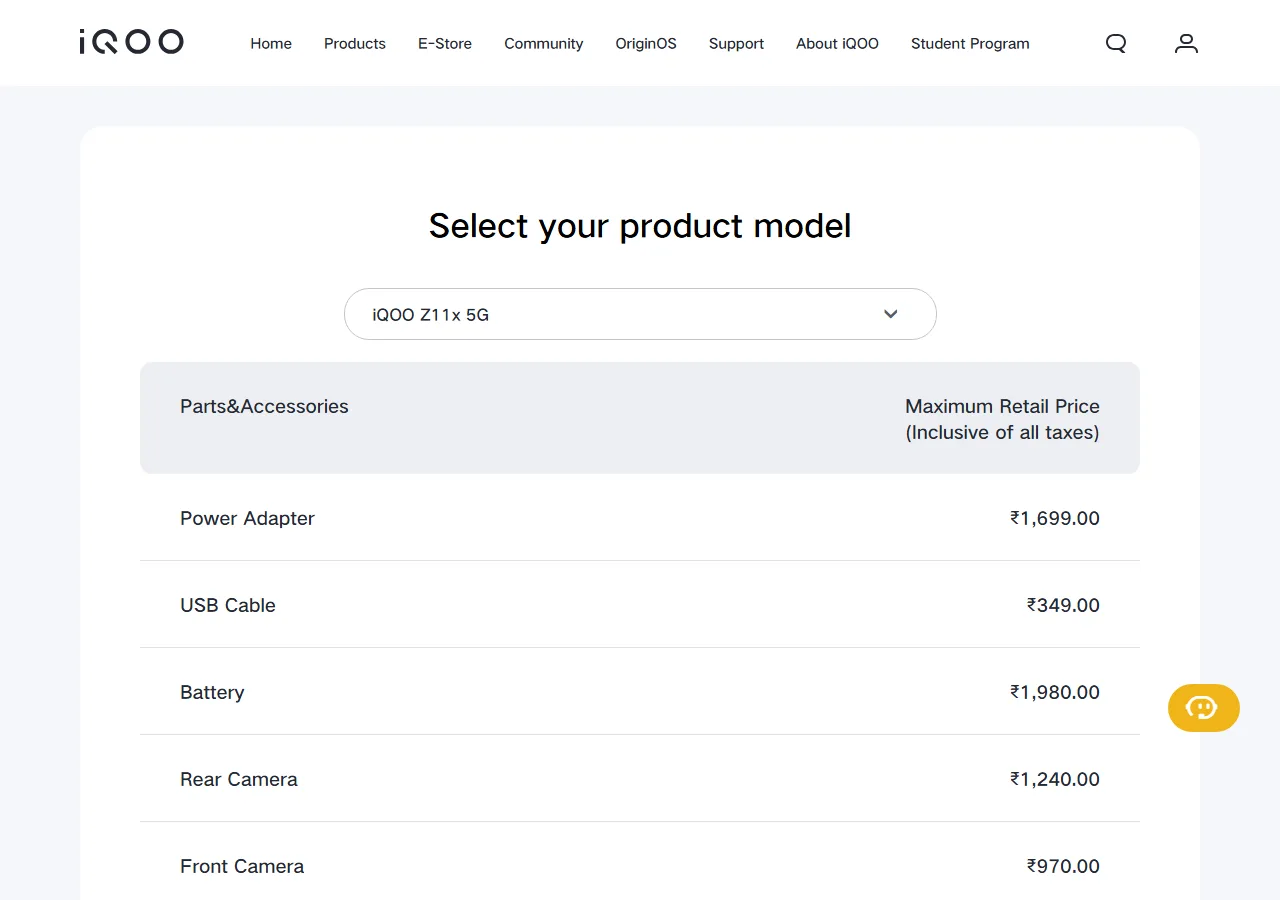 Official spare parts price table showing part names and maximum retail prices for the selected model