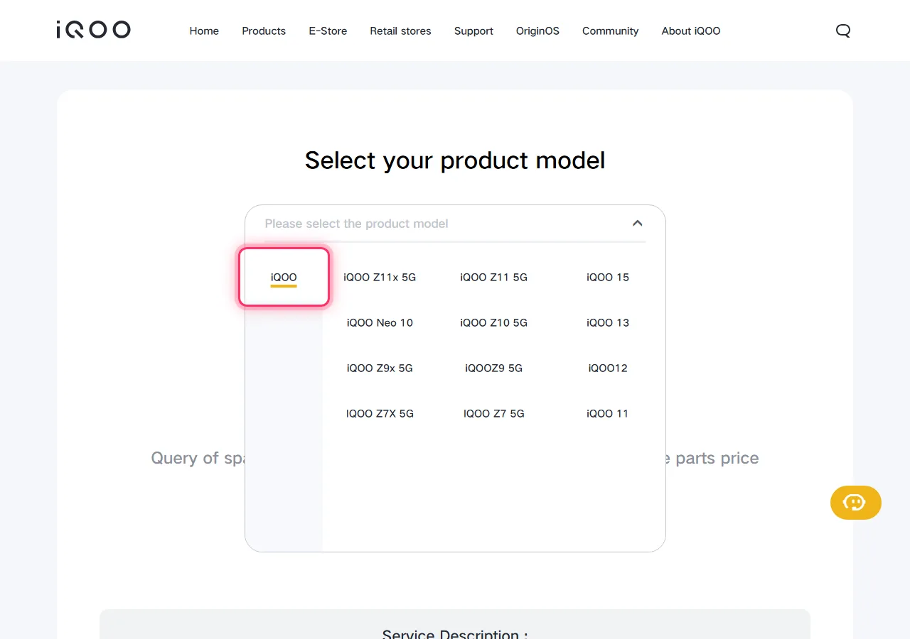 iQOO model picker dropdown open, with the target series highlighted to show where to tap