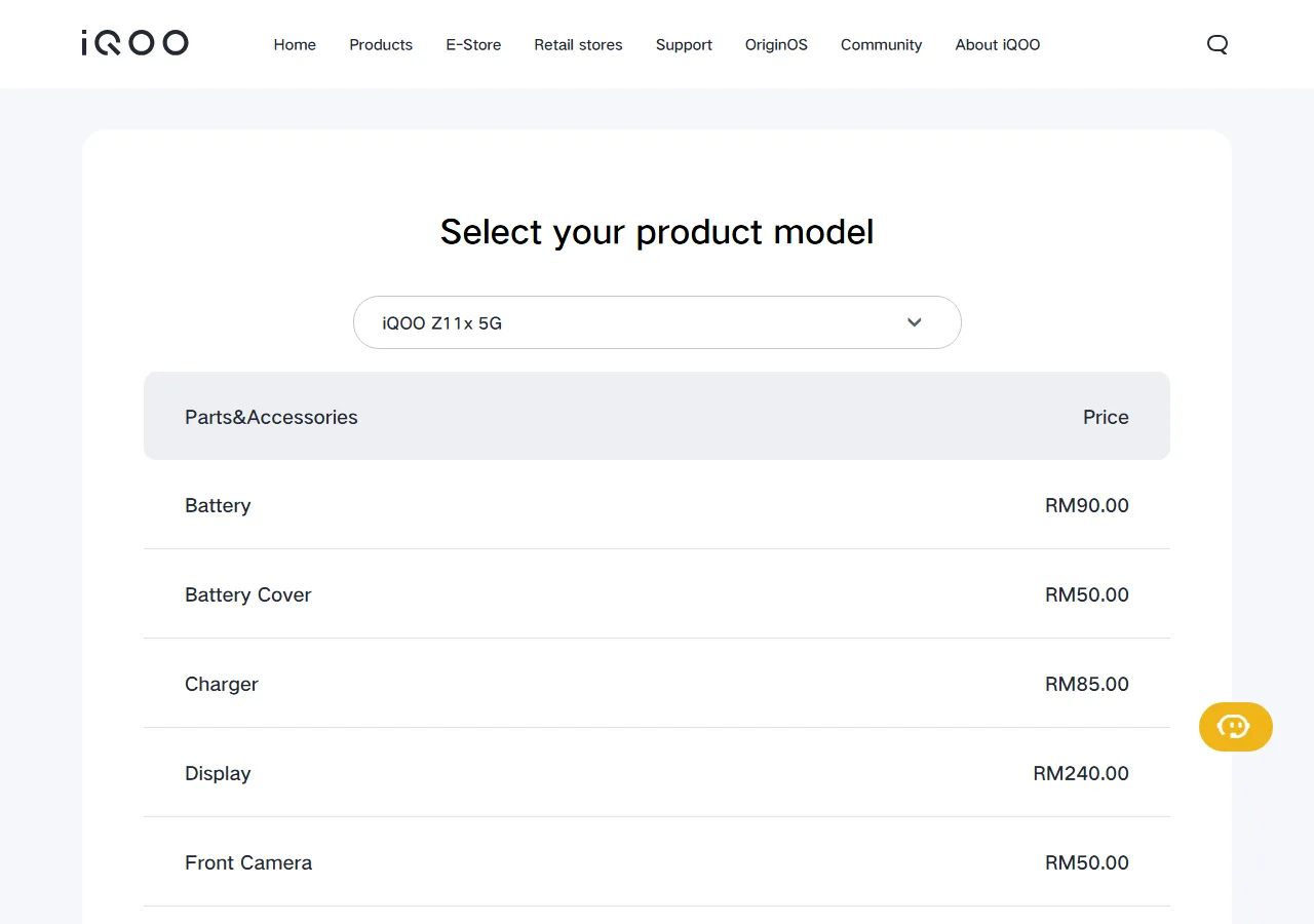 Official spare parts price table showing part names and maximum retail prices for the selected model