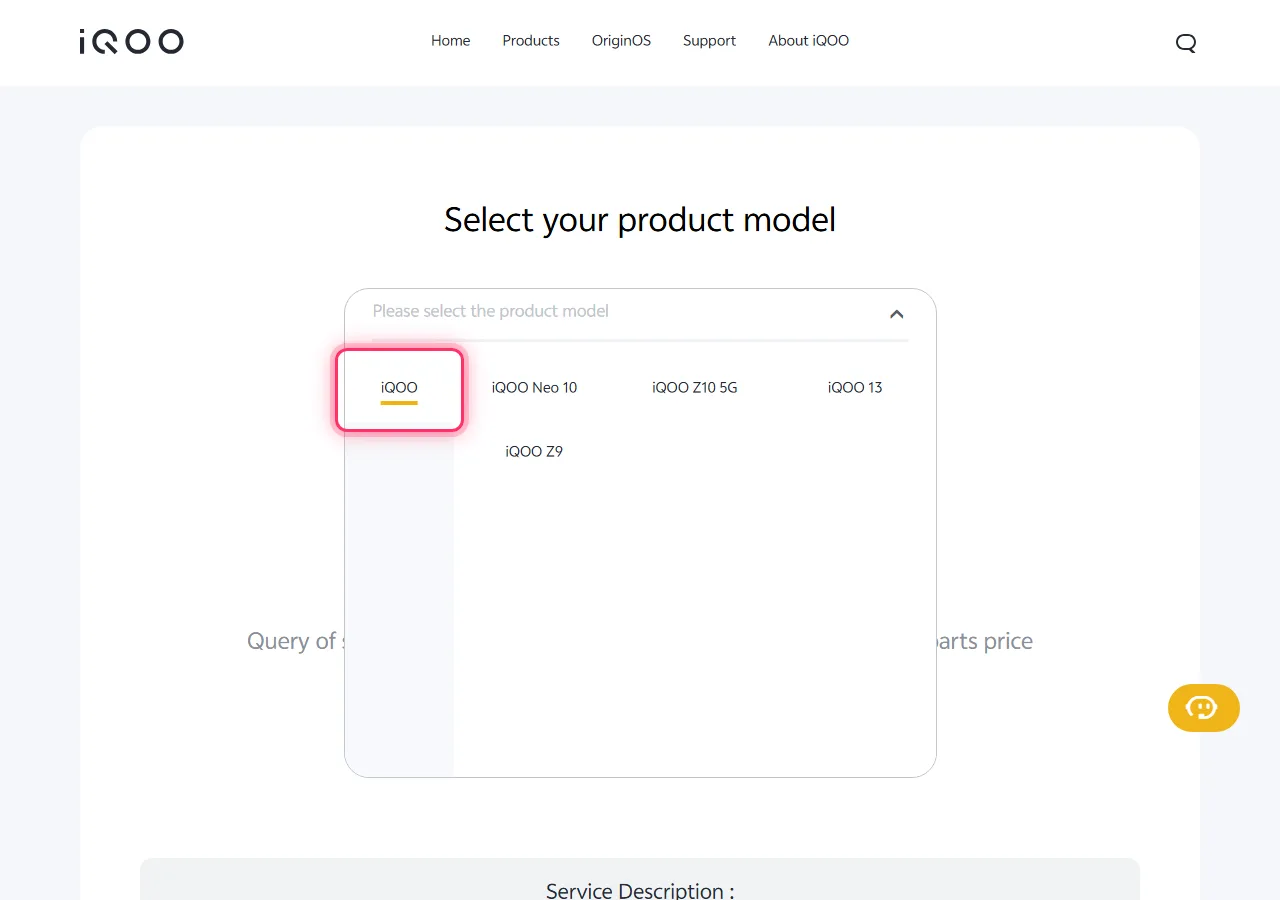 iQOO model picker dropdown open, with the target series highlighted to show where to tap