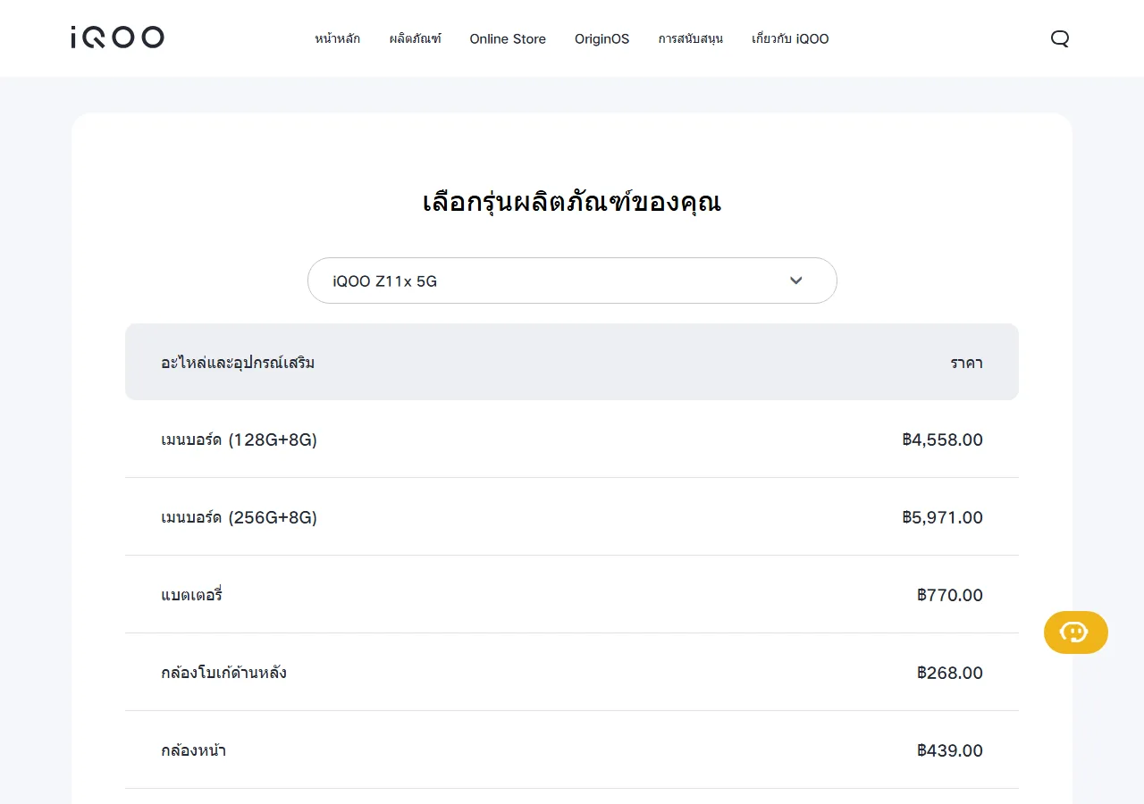 Official spare parts price table showing part names and maximum retail prices for the selected model
